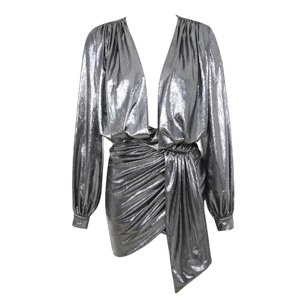 HOUSE OF CB ALVONA MINI FAUX WRAP KNIT PARTY DRESS SILVER SZ M